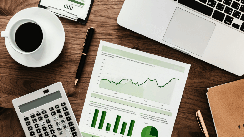 Financial graphic with growing indicators, laptop, pen, calculator on the desk. Small business tax accountant reviewing financial reports and tax data.