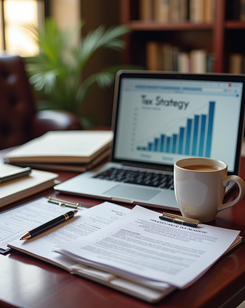 Modern small business tax accountant workspace featuring a laptop displaying a Tax Strategy chart, financial reports, notebooks, and a cup of coffee on a polished desk. The scene reflects professionalism, financial planning, and attention to detail in tax strategy and accounting services.